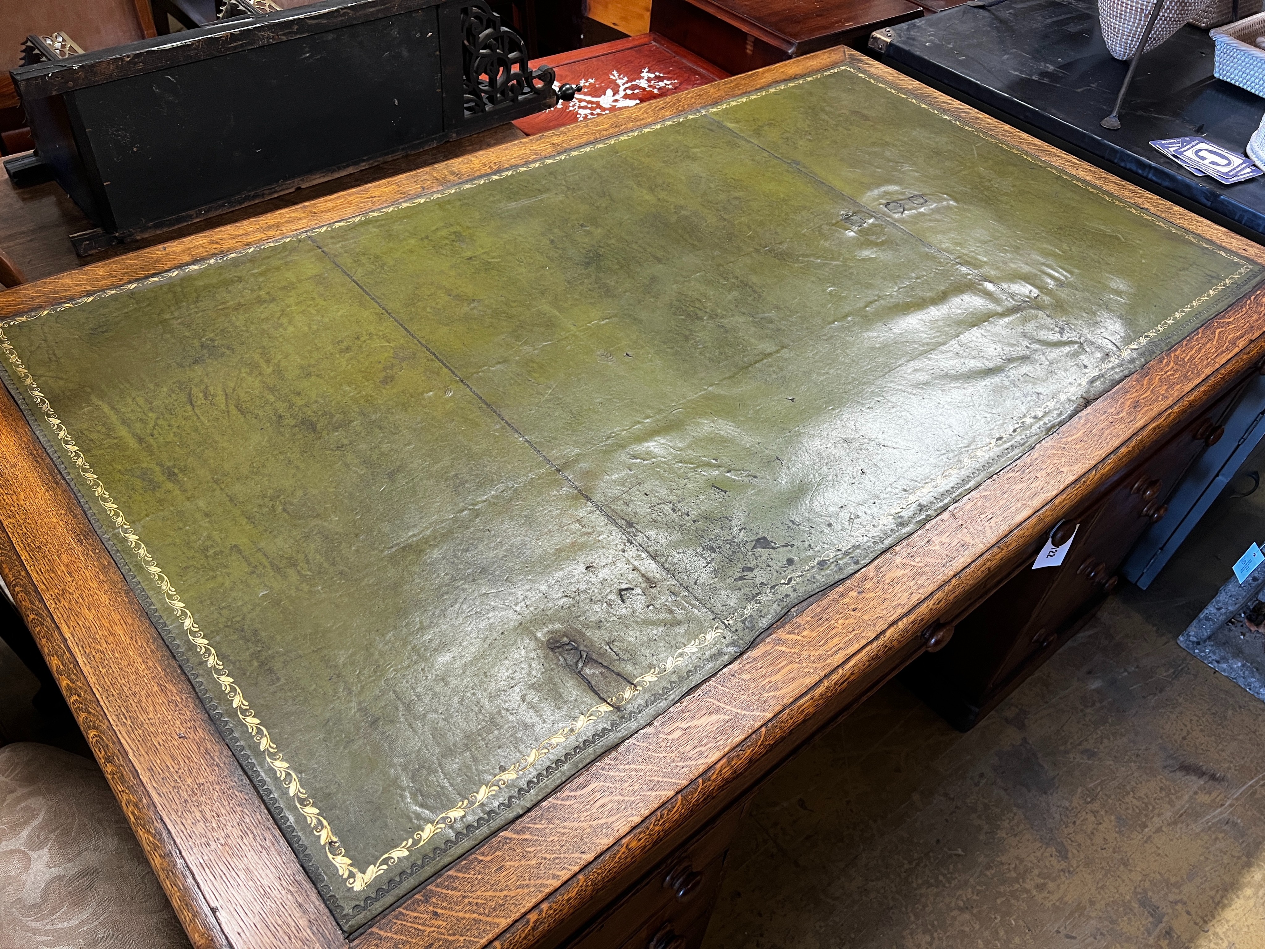 A Victorian oak pedestal desk, length 152cm, width 90cm, height 75cm